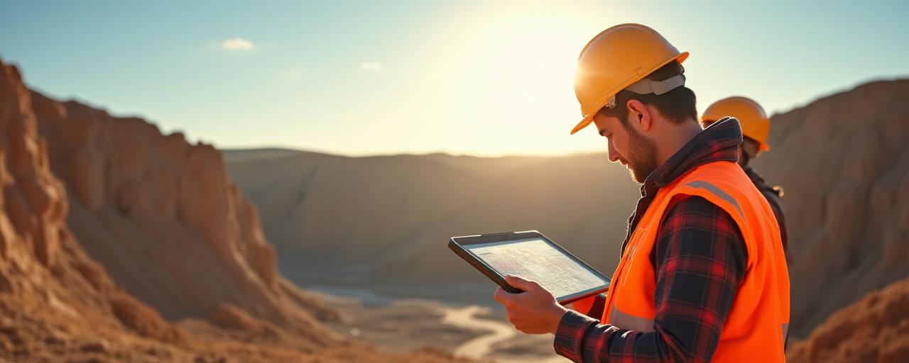 Mining experts discussing a project on-site with modern equipment